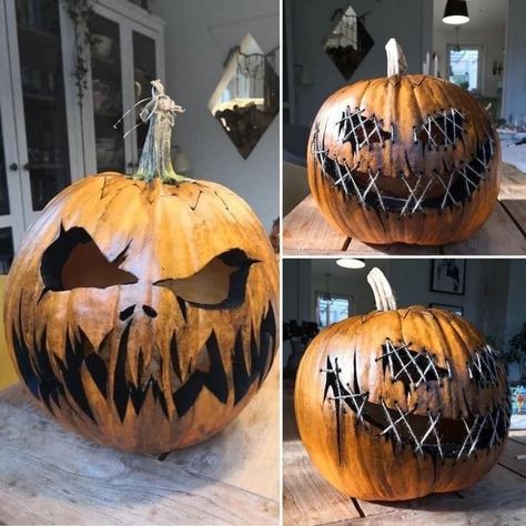 Creepy Halloween Pumpkin Carving, Pumpkin Carving Ideas With String, Pumpkin Sculpture Ideas, Cool Halloween Pumpkins, Diy Carved Pumpkins Ideas, Dino Pumpkin Painting, Creepy Pumpkin Decorating Ideas, Pumpkin Designs Scary, Scary Jackolantern Ideas