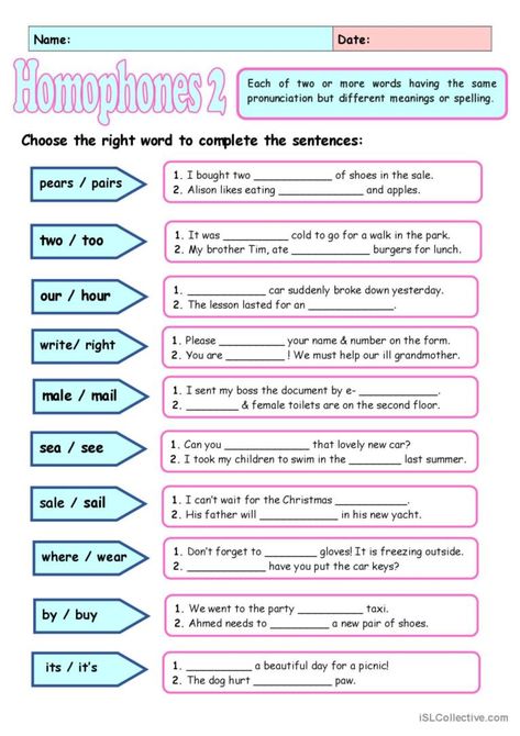 Homophones 2 - English ESL Worksheets for distance learning and physical classrooms Tutoring Reading, Daily Routine Worksheet, Worksheet Number, Homophones Worksheets, Scrambled Sentences, Substitute Binder, Tutoring Ideas, English Grammar Notes, English Collocations