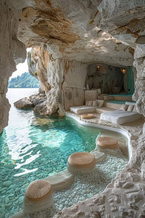 Dream Swimming Pools, Cave Pool Indoor, Cozy Reading Chair, Cave Pool, Vintage Apartment, Dream Bedroom Inspiration, Summer Houses, Dream Beach Houses, Dream Life House