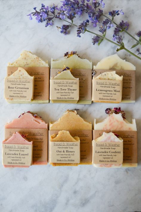 A selection of six soaps in both small and large size. Soaps are laid flat on a marble table and photo is taken from overhead. Soap For Dry Skin, Soap Gifts, Candles Handmade, Vegan Cosmetics, Soap Shop, Bee Friendly, Rose Soap, Essential Oil Scents, Soap Packaging