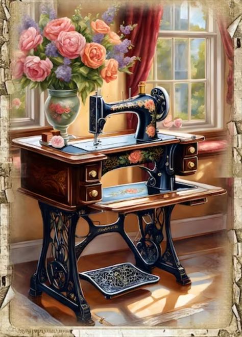 Sewing Artwork, Sewing Clipart, Old Sewing Machine, Antique Sewing Machines, Vintage Sewing Machines, Decoupage Vintage, 자수 디자인, Sewing Art, Vintage Wallpaper