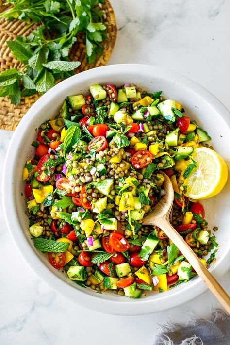 This Mediterranean-inspired lentil salad recipe is easy to make and bursting with summer flavor! Cold and refreshing, it's made with simple ingredients in just 30 minutes. Vegan and Gluten-free. Summer Lentil Salad, Vegetarian Lentil Recipes, Vegan Mediterranean Recipes, Mediterranean Lentil Salad, Mediterranean Vegan, Lentil Recipes Healthy, Lentil Salad Recipes, French Green Lentils, Vegetarian Salad