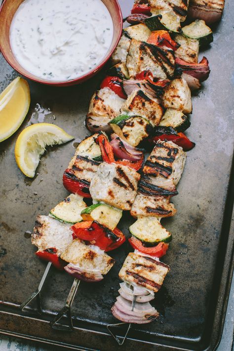 Grilled Swordfish Kabobs with Garlic Yogurt Sauce — A Thought For Food Swordfish Kabobs, Panko Recipes, Garlic Yogurt Sauce, Garlic Aioli Recipe, Garlic Yogurt, Grilled Swordfish, Swordfish Recipes, Grilling Kabobs, Grilled Lobster