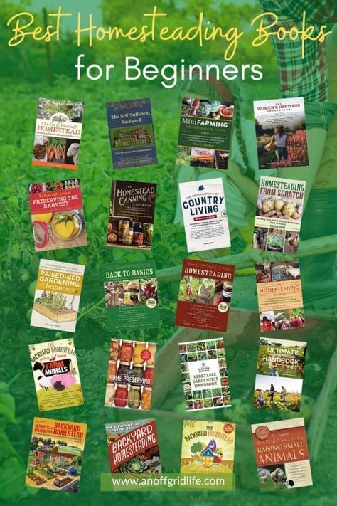 Best Homesteading Books for Beginners text overlay on image of 20 homesteading book covers against a farmer in a field background Best Homesteading Books, Homestead Books, Beginner Homesteading, Homesteading Books, Homesteading For Beginners, Living Off Grid, Backyard Coop, Books For Beginners, Raising Farm Animals