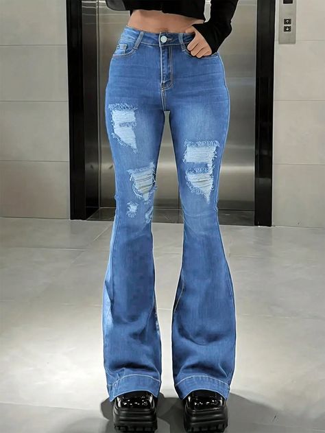 Women's Flare Bell Bottom Jeans Ripped Jeans Stretchy Denim Pants Y2K Jeans Medium Wash    Denim Plain Flare Leg,Skinny High Stretch,Medium Stretch  Women Clothing, size features are:Bust: ,Length: ,Sleeve Length: Pants Y2k, Warm Leggings, Winter Jeans, Jeans Ripped, Bottom Jeans, Y2k Jeans, Women Denim Jeans, Denim Flares, Bell Bottom