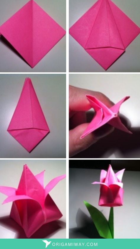 A paper origami pink tulip Origami Tulip Step By Step, Tulip Origami, Origami Tulip, Easy Origami Flower, Origami And Quilling, Easy Paper Flowers, Easy Paper Crafts Diy, Paper Flower Crafts, Paper Flower Template