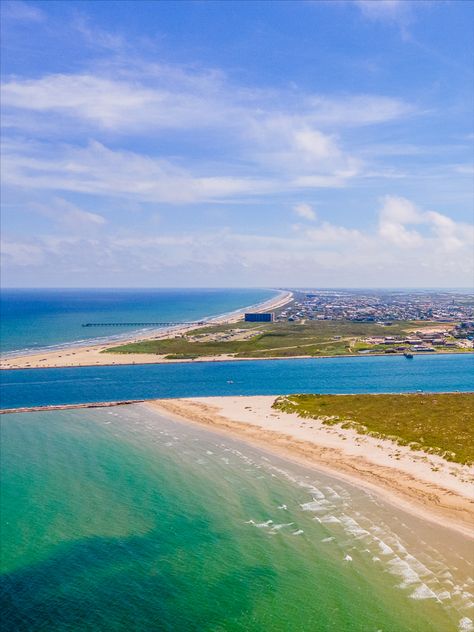 Drone image of an island with a ship channel through the middle. Port Aransas Beach, Dallas World Aquarium, Beach Cleanup, Whooping Crane, Port Aransas Texas, Mustang Island, Beach Week, Leave No Trace, Your Trash