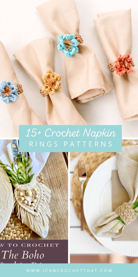 DIY Home Decor: Crochet Napkin Rings  Searching for crochet home decor ideas? Our collection offers 15 beautiful crochet napkin rings patterns perfect for any holiday or event. Save this pin to keep these must-try crochet napkin ring patterns at your fingertips! Crochet Thanksgiving Napkin Rings, Crochet Napkin Rings, Crochet Home Decor Ideas, Rings Patterns, Diy Napkin Rings, Ring Patterns, Home Decor Crochet, Napkin Rings Diy, Wood Beads Diy