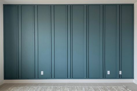 Wood Panel Accent Wall – Primary Bedroom – Home with Emily Jean Blue Green Accent Wall Bedroom, Wood Panel Accent Wall, Panel Accent Wall, Turquoise Accent Wall, Wood Walls Bedroom, Ceiling Diy, 2024 Bedroom, Feature Wall Bedroom, Blue Accent Walls