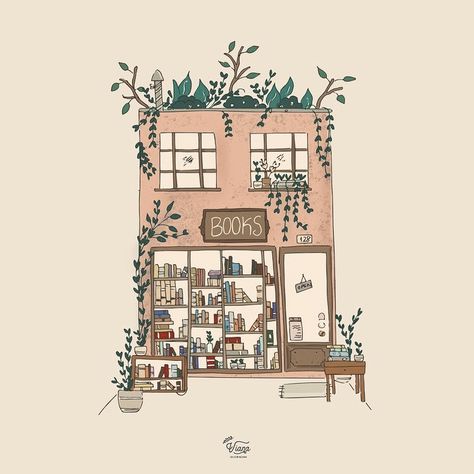 Cute Building Illustration, Book Aesthetic Illustration, Book Store Drawing, Book Store Illustration, Books Illustration Art, Cute House Illustration, Buildings Illustration, Store Drawing, Store Illustration