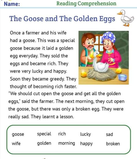 The Goose and the Golden Eggs .Reading comprehensive .reading practice worksheet for kids The Golden Goose Story, Golden Egg Story For Kids, The Goose With The Golden Eggs Story, The Golden Egg Story, Reading Practice Worksheets, Stories With Moral Lessons, Book Cover Page Design, Reading Comprehension For Kids, Basic English Sentences