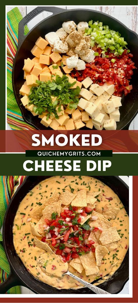 Two graphics depicting smoked cheese dip in a cast iron skillet. Smoked Cheese Dip, Smoked Queso, Different Types Of Cheese, Chipotle Seasoning, Queso Dip Recipes, Queso Recipe, Grits Recipe, Rotel Tomatoes, Smoked Cheese