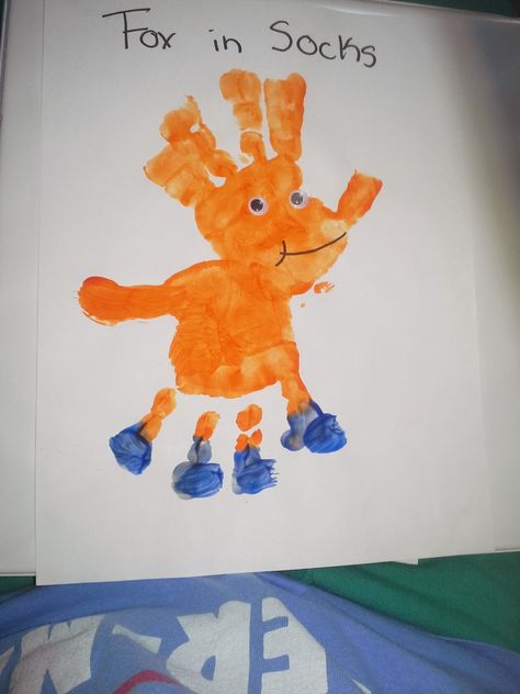 Fox in Socks handrpint Fox In Socks Craft Kindergarten, Dr Suess Fox In Socks Craft, Fox In Socks Craft, Fox In Socks Activities, Fox’s Socks Activities, Socks Craft, March Craft, Fox In Socks, Dr Seuss Art