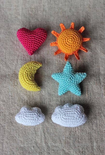 Ravelry: Star, Heart, Sun, Moon, Big Cloud, Small Cloud pattern by Anna Vozika Crochet Baby Mobile, Cloud Crochet, Crochet Baby Mobiles, Crochet Ornament Patterns, Confection Au Crochet, Crochet Ornaments, Ornament Pattern, Crochet Decoration, Crochet Heart