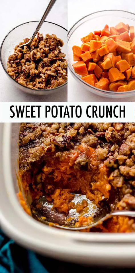 This easy sweet potato casserole is full of sweet and buttery mashed sweet potatoes and topped with a sweet, salty, and crunchy pecan topping. | sweet potato crunch casserole | sweet potato crunch recipe | sweet potato crunch easy | sweet potato casserole with pecans recipe | sweet potato casserole with pecan crust | best sweet potato casserole with pecans thanksgiving recipes | the best sweet potato casserole with pecans Sweet Potato Dessert Recipes Easy, Sweet Potato Crunch, Potato Oven, Easy Sweet Potato Casserole, Sweet Potato Snacks, Sweet Potato Oven, Sweet Potato Benefits, Sweet Potato Dessert, Sweet Potato Pecan