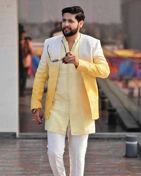 For the Haldi occasion, a men’s yellow Ombre jacket with kurta and bottom. This outfit blends traditional elements with modern aesthetics, perfect for the joyful and colourful Haldi ceremony. Groom @shivharesanyog Haldi Look For Groom, Haldi Ceremony Groom, Haldi Dress For Men, Haldi Ceremony Outfit For Men, Haldi Function Dress, Ceremony Outfit, Haldi Ceremony Outfit, Haldi Dress, Blazers For Men Casual