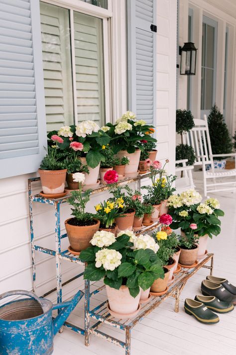 Our Front Porch Plant Stand - Gal Meets Glam Front Porch Plant Stand, Porch Plant Stand, Front Porch Plants, Patio Container Gardening, House Porch, Tattoo Plant, Porch Plants, Container Garden Design, Support Pour Plante