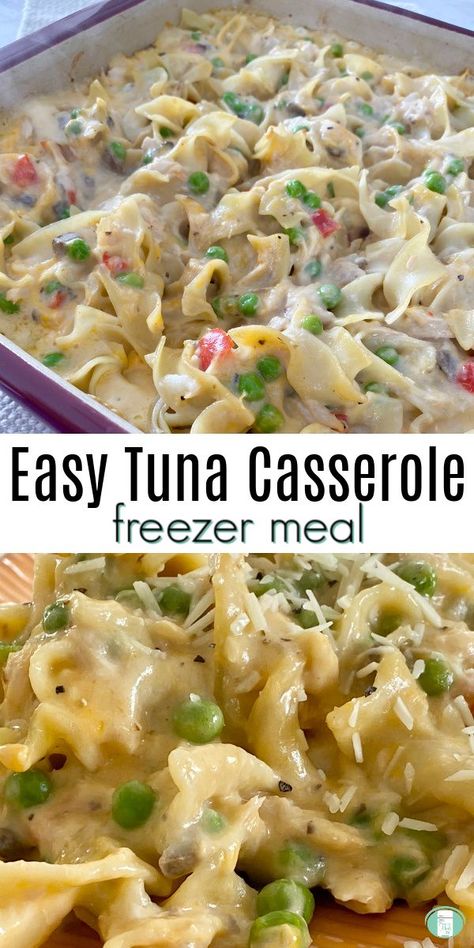 Easy Tuna Casserole freezer meal - for a fast family dinner. #freezermeals101 #tunacasserole #dinner #recipes Pasta Casserole Freezer Meal, Freezer Tuna Noodle Casserole, Casserole Recipes Tuna, Freezer Tuna Casserole, Tuna Noodle Casserole Freezer Meal, Fast Casserole Recipes, Fish Freezer Meals, Tuna Casserole Recipes Easy, Foodsaver Recipes