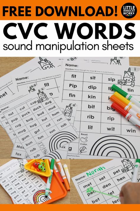 Access the FREE CVC Words Manipulating Sound Sheets Kindergarten Small Groups, Phonics Lesson Plans, Free Math Printables, Cvc Activities, Reading Lesson Plans, Teacher Freebies, Reading Curriculum, Free Preschool Printables, Cvc Word