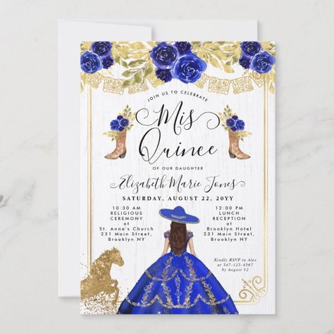 Floral Royal Blue Gold Horse Charra Quinceanera Invitation - tap to personalize and get yours #Invitation #quincea&241;era, #mis #quince #quinceanera, #15th Dress Quinceanera, Quinceanera Invitation, Sweet Sixteen Invitations, Royal Blue And Gold, Quinceanera Invitations, 15th Birthday, Princess Birthday, Sweet Sixteen, Blue Rose