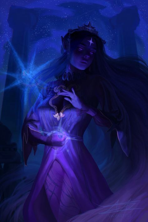 Fantasy Deities Art, Star Druid Dnd, Moon Elf Female Dnd, Moon Personified, Astral Elf Dnd, Celestial Oc, Circle Of Stars Druid, Stars Druid, Star Elf