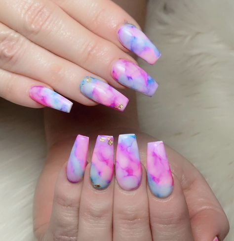 Pink, purple, blue marble white nails Marble Nail Designs Summer, Baby Pink And Blue Nails, Pastel Marble Nails, Pink Blue And Purple Nails, Purple White Marble Nails, Lavender Marble Acrylic Nails, Pink Purple Blue Nails, Purple Marble Nails, Marble Pink And Blue Nails