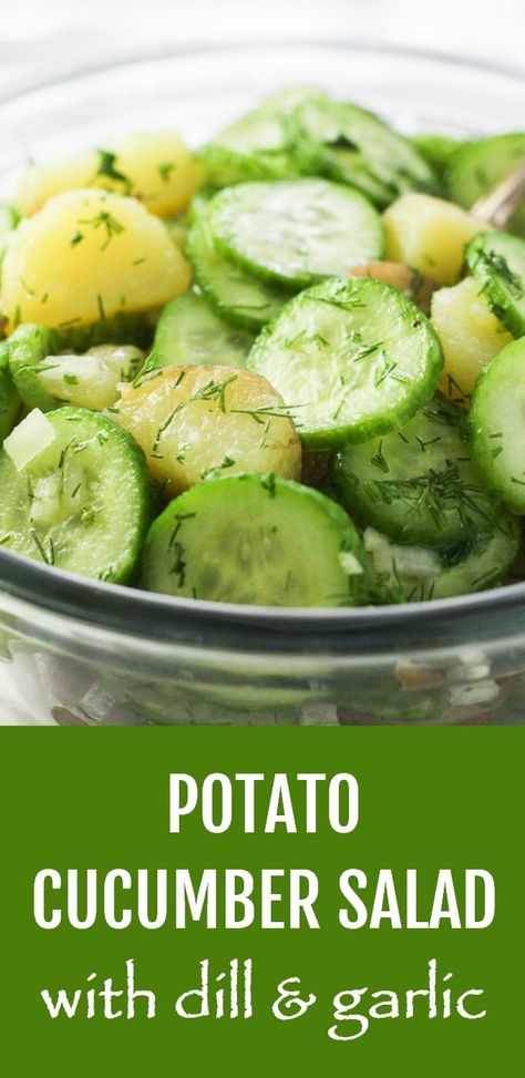 This healthy Potato Cucumber Salad is made with dill, onion, garlic, and olive oil. It's very easy to make and perfect for a weeknight dinner and a party. It's a great alternative to the traditional potato salad because it's dairy-free and made with no mayo. Light and refreshing. #potato #cucumber #salad #dairyfree #nomayo #healthy #recipe #vegan #cleaneating #plantbased Potato And Cucumber Salad, Potato Salad With Cucumbers, Potato Cucumber Salad, Cucumber Salad With Dill, Potluck Bbq, Traditional Potato Salad, Salad With Dill, German Cucumber Salad, Healthy Potato