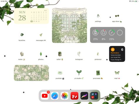 Ipad Theme Ideas Aesthetic Green, Ipados 16 Homescreen, Ipad Ios 17 Homescreen, Ipad Homescreen Ideas Aesthetic Green, Green Ipad Homescreen, Green Ipad Layout, Green Ipad Aesthetic, Ipad Homescreen Ideas Green, Ipad Lockscreen