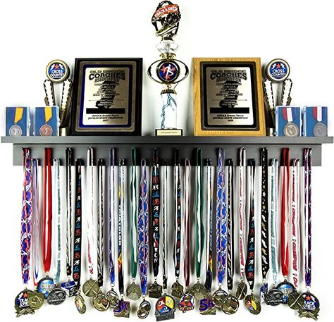 Amazon.com: 3ft Medal Awards Rack Premier Trophy Shelf- Trophy, Plaque and Medal Display (Black) : Sports & Outdoors Award Shelves, Trophy Display Shelves, Medal Hanger Display, Trophy Shelf, Trophy Display, Trophy Plaques, Sports Trophies, Race Bibs, Award Display