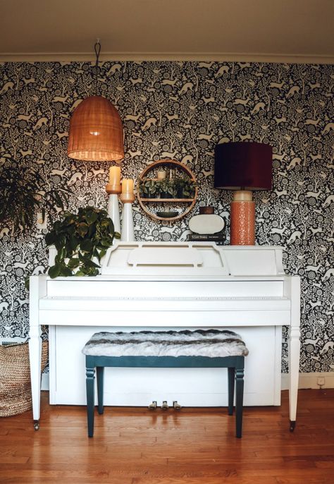 Painted Piano and Wallpaper Accent Wall- Make a Statement! - Nesting With Grace Accent Wall Behind Piano, Piano Styling, Piano Makeover, Magic Light Trick, Painted Piano, Painted Pianos, Piano Decor, Eclectic Wallpaper, Nesting With Grace