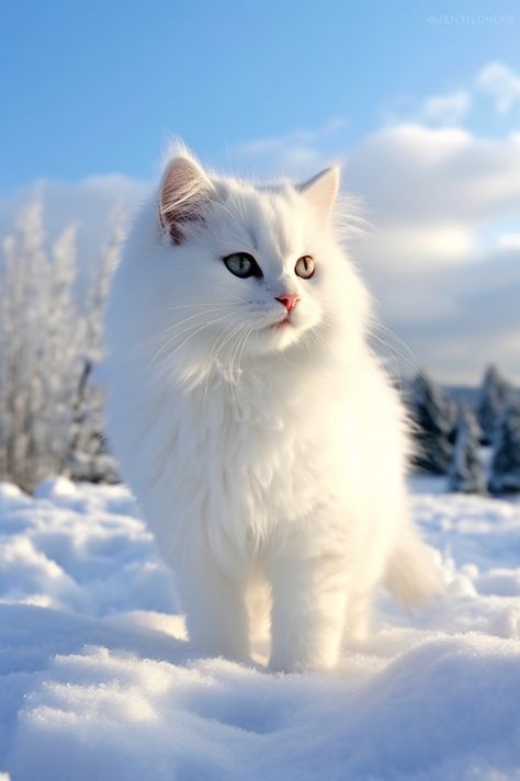 A graceful white cat perched on a pristine snow-covered landscape, looking into the distance with an air of tranquility and serenity. Winter Cat, Image Chat, Silly Cats Pictures, Cute Cats Photos, Cute Cat Gif, White Cats, Cat Aesthetic, Cute Cats And Kittens, Cute Cats And Dogs