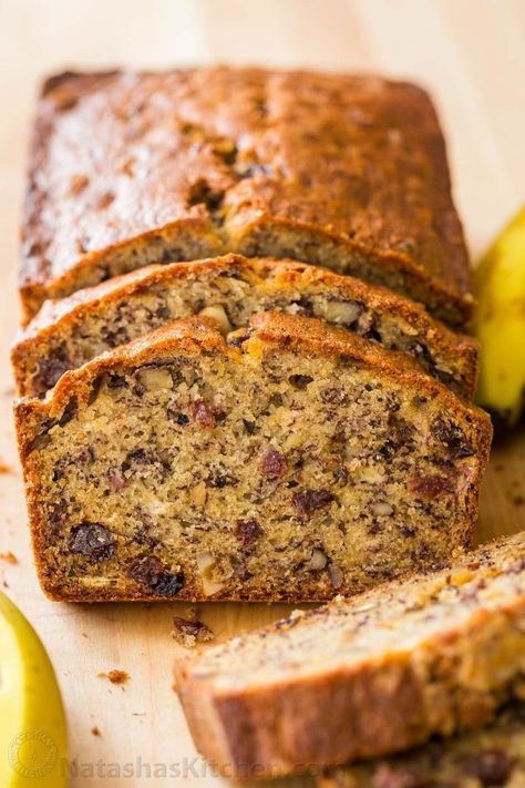 Banana Bread Recipe (VIDEO) | Natasha's Kitchen | Bloglovin’ Banana Bread Recipe Video, Banana Recipes Overripe, Super Moist Banana Bread, Ripe Banana Recipe, Banana Nut Bread Recipe, Nut Bread Recipe, Banana Bread Ingredients, Banana Bread Recipe Moist, Roasted Walnuts