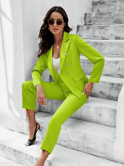 SHEIN Unity Lapel Neck Double Breasted Blazer & Pants for Sale Australia| New Collection Online| SHEIN Australia Lime Suit For Women, Lime Green Dress Outfit Classy, Neon Green Fashion, Lime Green Pants, Lime Green Dress, Grad Pic, Chemise Rose, Woman Suit, Verde Lima