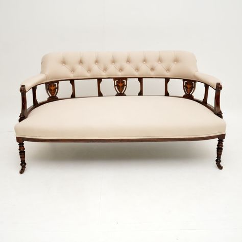 Antique Victorian Inlaid Rosewood Settee | Vinterior Victorian Settee, Antique Settee, Victorian Sofa, Mahogany Bookcase, Couches For Sale, Striped Upholstery, Leather Chesterfield, Marble Table Lamp, Antique Sofa