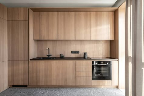 Zarichnyy Apartment by Fild Cabinets No Hardware, Built In Refrigerator, Minimalist Apartment, Interior Minimalista, Shower Niche, Built In Furniture, Modern Kitchen Cabinets, Minimalist Interior Design, Upholstered Bed Frame