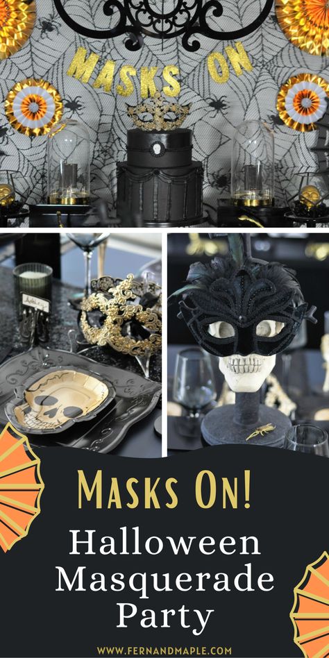 How to set the spooky scene with an elegant Halloween Masquerade Party! With tons of DIY details and decor & dessert inspiration. Get details and tons more Halloween party ideas now at www.fernandmaple.com. Spooky Masquerade Party, Gothic Masquerade Party, Masquerade Halloween Party Ideas, Masquerade 50th Birthday Party Ideas, Haunted Masquerade Party, Masquerade Halloween Party Decorations, Masquerade Theme Party Outfit, Ideas For Dessert Table, Mascarade Party Ideas