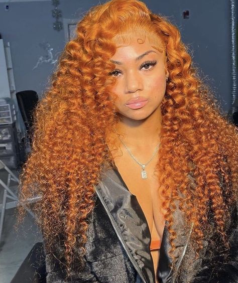 Ginger Curly Sew In, Ginger Deep Wave Wig Black Women, Curly Ginger Wig, Ginger Curly Hair, Houston Trip, Wigs Styles, Wig Installs, Curly Color, Rod Wave