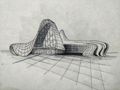 Heydar Aliyev Center by Zaha Hadid Heydar Aliyev Center Sketch, Zaha Hadid Architecture Sketches, Buildings Sketchbook, Zaha Hadid Sketch, Zaha Hadid Drawings, Spiral Design Art, Sketch Building, Architecture Famous, Zaha Hadid Buildings