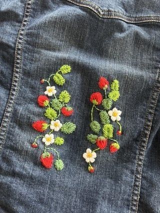 Strawberries Embroidery, Embroidery Jeans Diy, Clothes Embroidery Diy, Denim Embroidery, Pola Sulam, Embroidery On Clothes, Cute Embroidery, 자수 디자인, Sewing Embroidery Designs