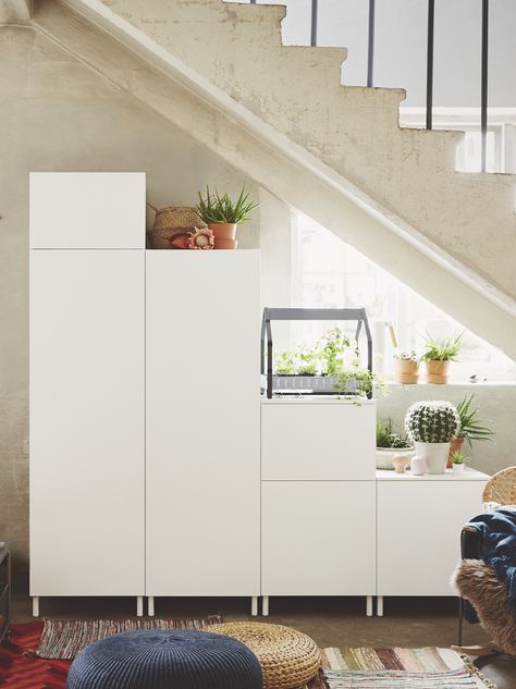 The way we use our homes constantly changes, so PLATSA offers storage solutions for every room, however limited the space. And it’s made to last. You can take it apart, move, rebuild and add to it as your needs change. #myIKEA #IKEA #PLATSA #storage #flexible #storagespace #stairs #livingroom #homeinspo #inspiration Ikea Sewing Rooms, Ikea Wardrobe Hack, Interior Ikea, Ikea Entryway, Ikea Interior, Stairs Renovation, Small Closet Space, Ikea Closet, Small Closets