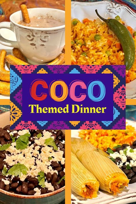 Coco Themed Dinner Menu Items Coco Food Ideas, Disney Movie Food Recipes, Disney Themed Meals, Family Movie Night Dinner Ideas, Disney Movie Recipes, Movie Themed Food, Disney Recipes From Movies, Themed Dinner Nights, Disney Movie Themed Dinner