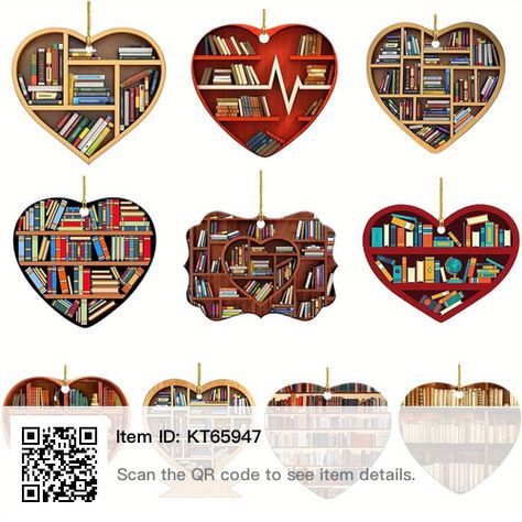 Heart Bookshelf, Books Stacked, Brown Home Decor, Christmas Pendant, Bookshelf Decor, Christmas Party Decorations, Personalized Decor, Heart Ornament, Stack Of Books