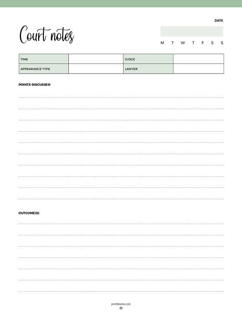 Court Notes printable template featuring sections for date, judge, lawyer, appearance type, time, points discussed, and outcomes with lined spaces for note-taking. Custody Binder For Court, Child Custody Documentation, Notes Templates, Notes Printable, Law Students, Parenting Plan, Family Court, Statement Template, Child Custody