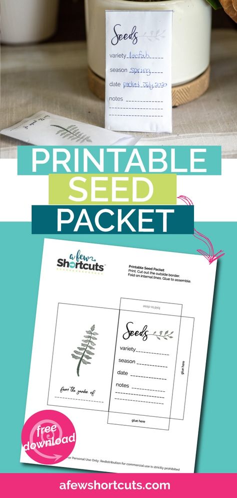 Store your garden seeds and share them in style. Download this free printable seed packet to organize your seeds for next season. | @AFewShortcuts #garden #gardening #printable #spring Printable Seed Packets Free, Diy Seed Packets Template, Free Seed Packet Printables, Free Printable Seed Packet Templates, Storing Seeds, Seed Packet Template, Diy Seed Packets, Garden Seeds Packets, Wildflower Seed Packets