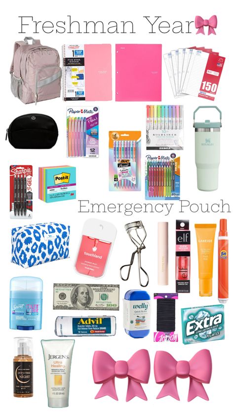 A collage of freshman needs to feel prepared for the beginning of your high school journey! Back To School Highschool Freshman, Freshman Year High School, 6th Grade Tips, High School Essentials, Back To School Highschool, School Emergency Kit, School Backpack Essentials, High School Bags, Pretty School Supplies