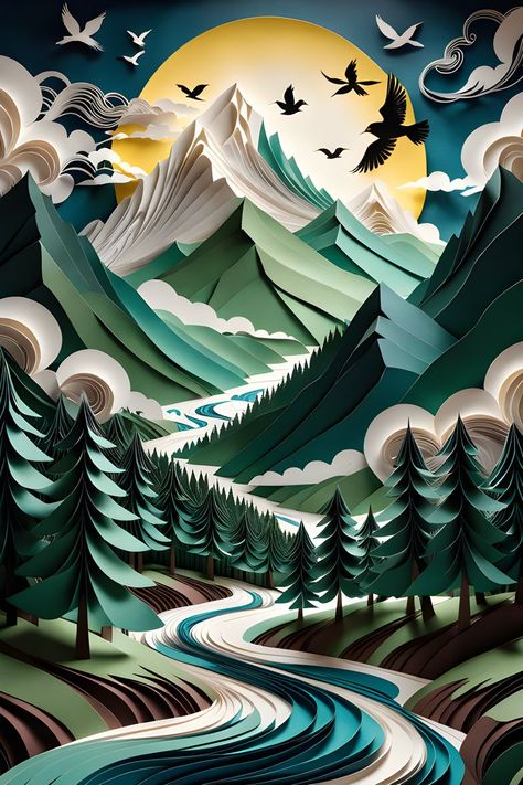 Birds Flying In The Sky, 3d Geometric Shapes, Flying In The Sky, Paper Cut Design, 3d Landscape, Abstract Art Wallpaper, Scrapbook Printables, Mountain Scene, Paper Cut Art