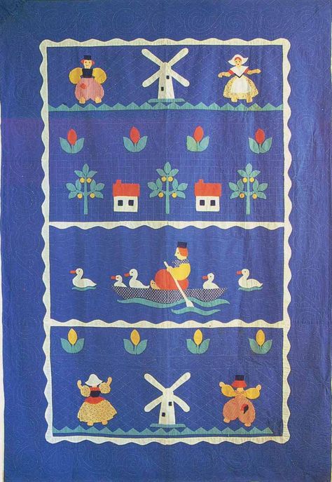 Dutch Theme Child's Quilt, 1930. Ohio. Experimental Quilting, Dutch Embroidery, Dutch Pattern, Asian Quilts, Bubble Quilt, Fairytale Illustration, Textile Fiber Art, Pixel Pattern