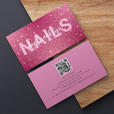 Hot Pink Glitter Nails, Nail Tech Business Cards, Qr Code Business, Business Card Stand, Buisness Cards, Hot Pink Glitter, Pink Business Card, Qr Code Business Card, Pink Glitter Nails