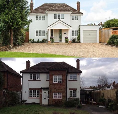 1950 Exterior Renovation, Render Before And After House, 1930s House Renovation Before And After, House Facade Renovation Before And After, House Exterior Transformation, Brick To Render Before And After, 1960s Semi House Renovation Uk, Snout House Before And After, House Frontage