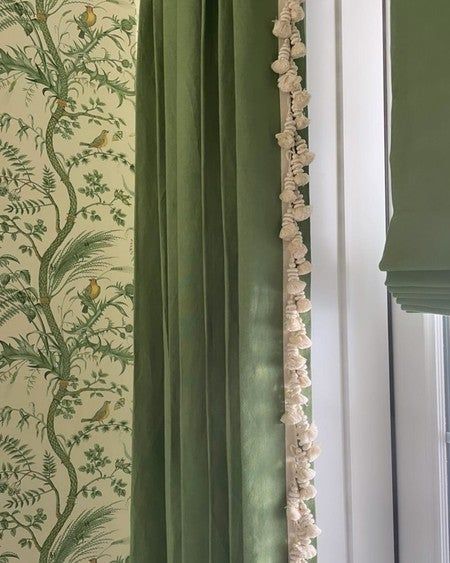 Green Space Design, Drapery Trim, Curtain Trim, Samuel And Sons, Drapery Designs, Trim Design, Tassel Curtains, Interior Windows, Beautiful Dining Rooms